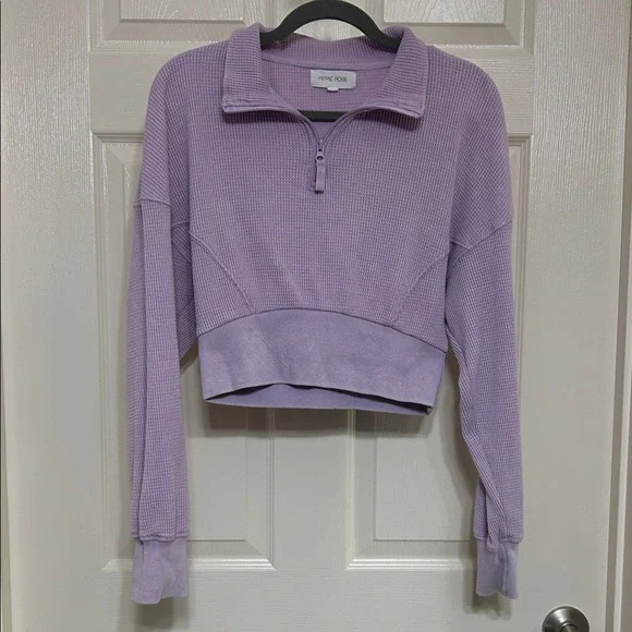 Hippie Rose Lavender Waffle Knit Quarter-Zip Crop Top with Long Sleeves M ptp 21 - Picture 1 of 13